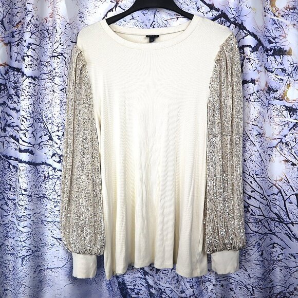 SEQUIN SLEEVE TOP 2/2X Torrid Cream Tan Gold Metallic Party Dressy Holiday NYE - Picture 2 of 9